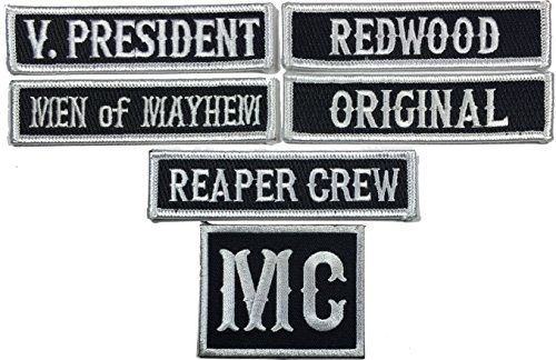 Outlaw Biker Front of Vest Jacket Officer Title [White on Black With White Boarder] 5 pcs Patches Plus Bonus MC Matching Patch - By Patch Squad