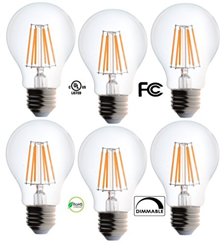 6 Pack Bioluz LED Clear Edison Style Dimmable Filament A19 60 Watt (Uses 7 watts) Soft White (2700K) Light Bulb 6-Pack UL Listed