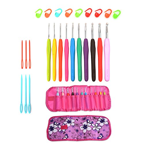 Aluminium Crochet Hooks Kits Knitting Knit Needles Weave Yarn Set Ergonomic Grip 2mm to 6.5mm Purple