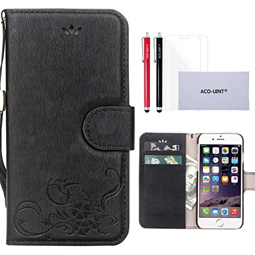 iPhone 6 Case, iPhone 6 Black Wallet Case, ACO-UINT iPhone 6 4.7 '' PU Leather Cover Skin Case (Strap Case - Black)