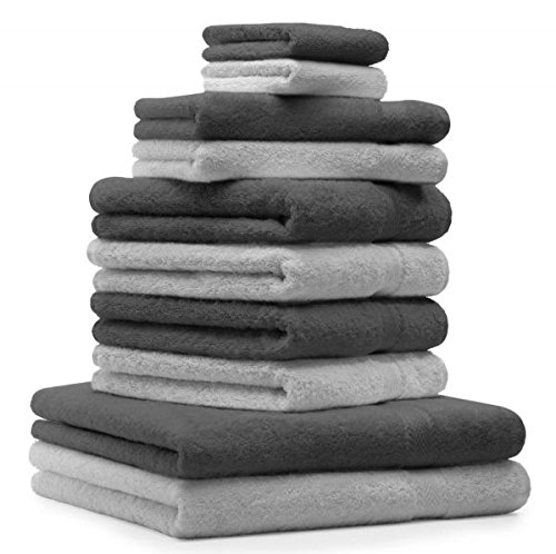 Juego de toallas Premium de diez piezas, color: gris antracita y gris argentado.