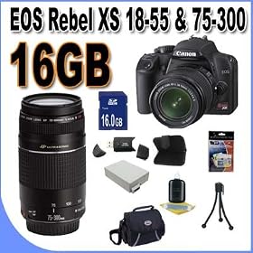 Canon EOS Rebel XS 10.1MP Digital SLR Camera with EF-S 18-55mm f/3.5-5.6 II Lens & Canon 75-300 USM Lens (2 LENS KIT) With 16GB Accessory Saver Kit
