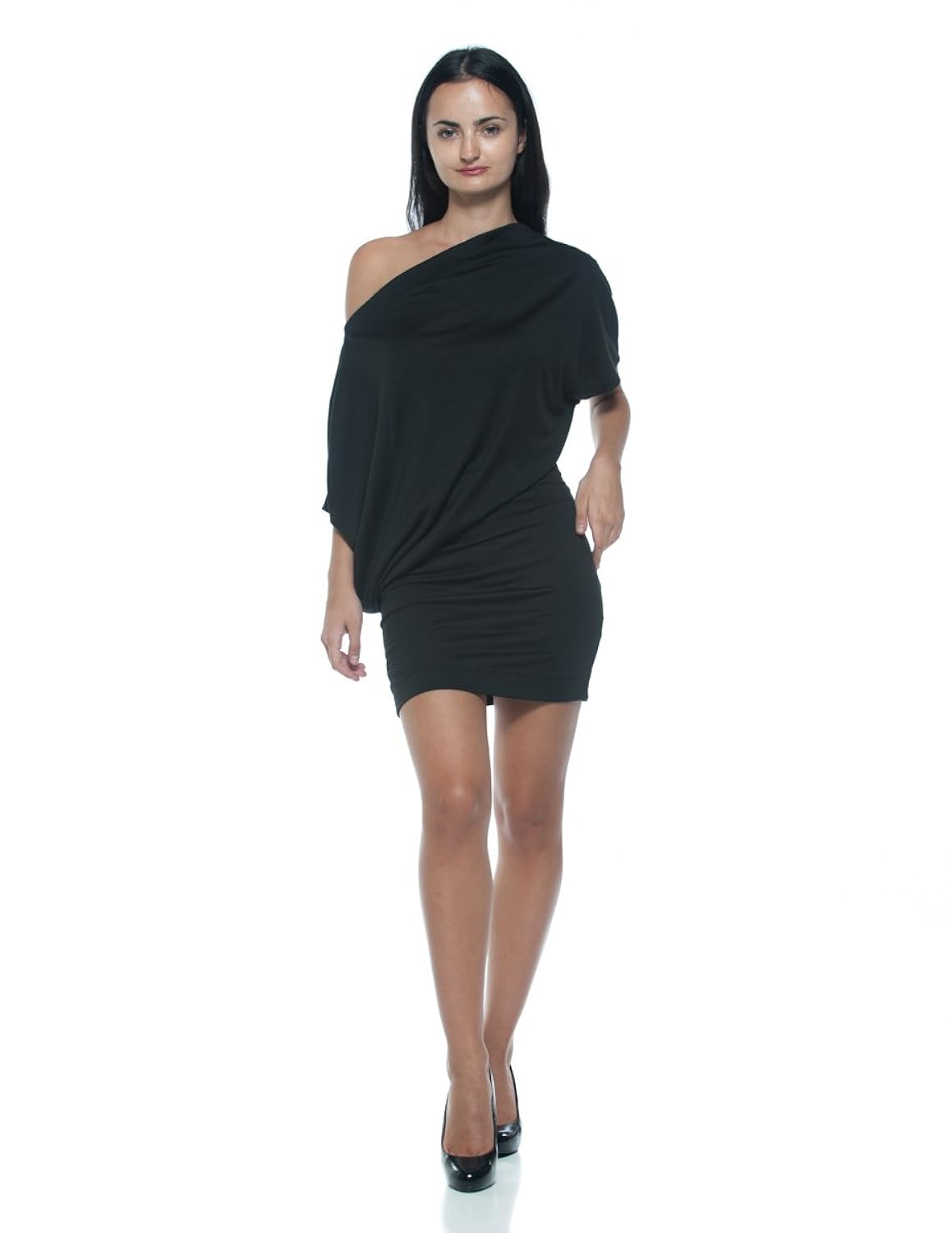 

Women's Black Asymmetrical Bateau Boat Neck Modern Off Cold Shoulder Mini Dress