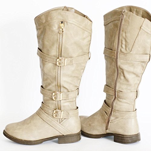 Twisted Women's AMIRA Wide Width/Wide Calf Faux Leather Knee-High Western Flat Riding Boot with Multi Buckle Straps