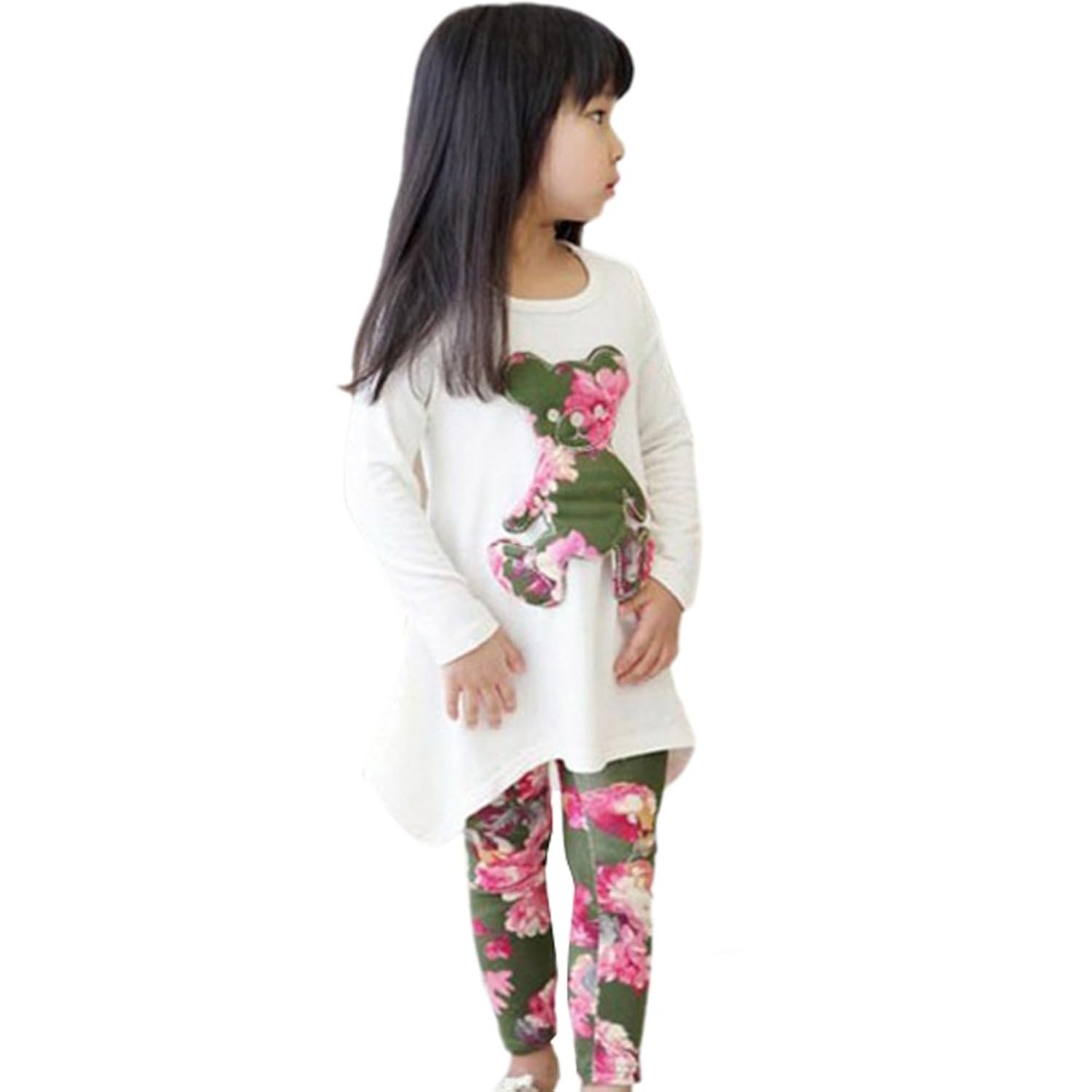 

Urparcel Girls T-shirt Long Sleeve Irregular Tops Flower Leggings Pants Sets