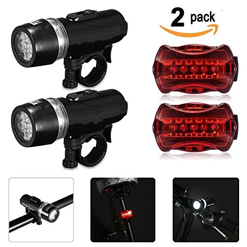 Bike Light Set, SQDeal [2 Pack] [U.S. Warranty] Waterproof 5 LED Lamp Bicycle Front Headlight + Rear Safety Taillight Flashlight Set