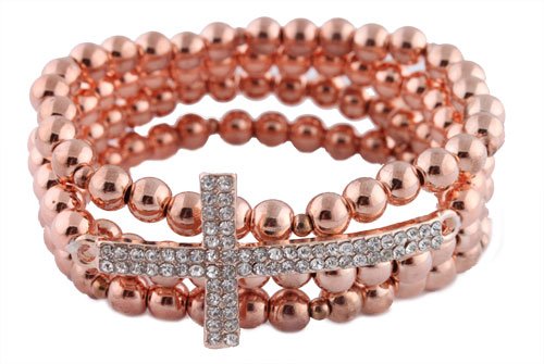 2 Pieces of Rose Gold Iced Out Sideways Cross Style Beaded Stretch Bundle Bracelet