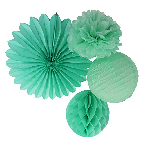 SUNBEAUTY Mint Series Mint Green Tissue Paper Pompom Paper Fan Mint Honeycomb Ball and Mint Green Paper Lanterns Pack of 4