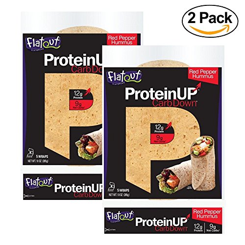 Flatout ProteinUP Flatbread Red Pepper Hummus - 5 Wraps (2 Pack), Includes MaxGain's Clean Eating/High Protein Meal Plan E-Book