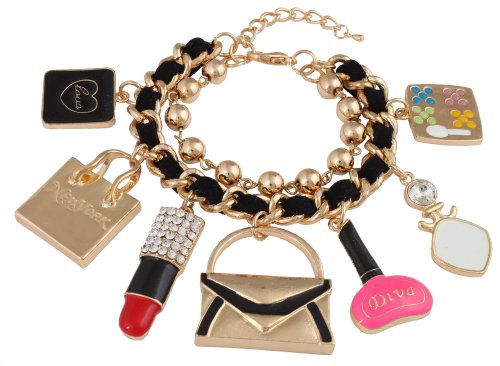 Goldtone with Black Assorted Dangling Charms & Metallic Balls Adjustable Braided Cuban Chain Bracelet