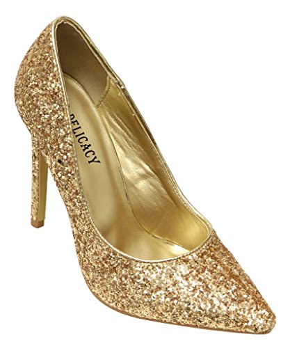 Delicacy Belinda-82 women's pointy toe glitter sparkling slip on high heel pumps shoes Gold 10