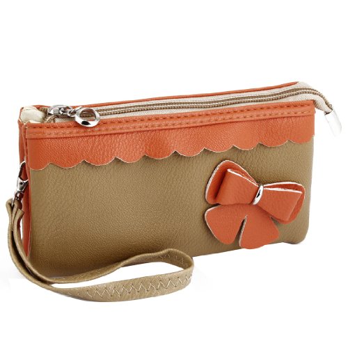 

Ladies Faux Leather Bowknot 3 Pockets Accent Purse Bag Brown Orange