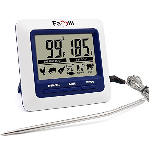 Famili MT004 Digital Kitchen Food Meat Cooking Electronic Thermometer Probe for BBQ, Oven, Grill, and Smoker with Timer/Alarm and Large...