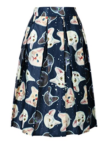 Choies Women's Cute Cat Print High Waist Skater Midi Skirt