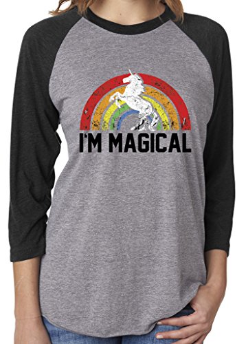 SoRock Unisex I'm Magical Rainbow Unicorn 3/4 Sleeve Tri Blend Tshirt Heather Grey