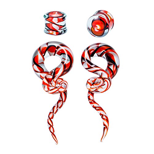 BodyJ4You Glass Spiral Tapers Kit with Plugs 4 Pieces Ribbon Black and Red - 4G-14mm