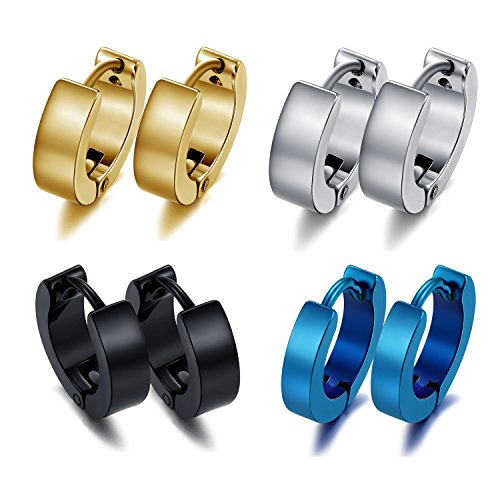 Areke Mens Stainless Steel Huggie Earrings For Men Unisex Valentine's Day Small Hoop Ear Rings (4 Pairs)