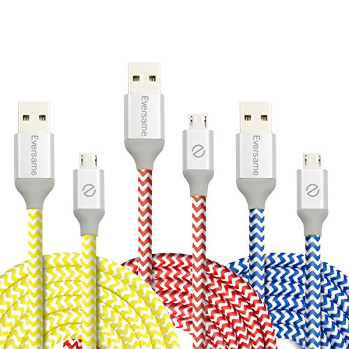 Micro USB Android Charger Cord, Eversame [3-Pack] 6Ft 1.8M Premium Nylon Braided USB2.0 A Male to Micro B Charger Cable with Aluminum Shell For Samsung Galaxy S6, HTC, LG, and more(Yellow Red Blue)