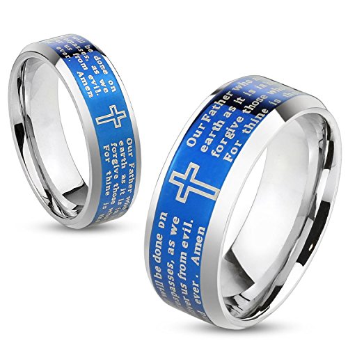 Lord's Prayer Blue Beveled Edge IP Stainless Steel Ring with Cross