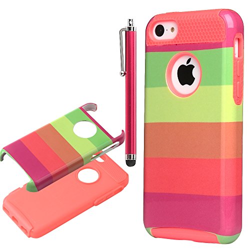 iPhone 5C case, ULAK Colorful Hybrid 2in1 TPU+PC Hard Case Cover for iPhone 5C with Screen Protector and Stylus (Rainbow + Water Red)