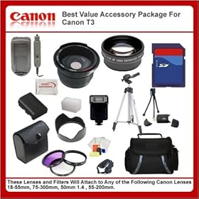 Best Value Accessory Package For Canon T3 (1100D) includes: 16GB Hi Speed Error Free Memory Card, Hi Speed Card Reader, Battery & Charger, Hard Flower lens Hood, 0.5x Professional Wide Angle Lens , 2X Telephoto Lens, 50 Inch tripod, Digital Video Flash, Flash Diffuser and More...THIS LENS WILL ATTAC