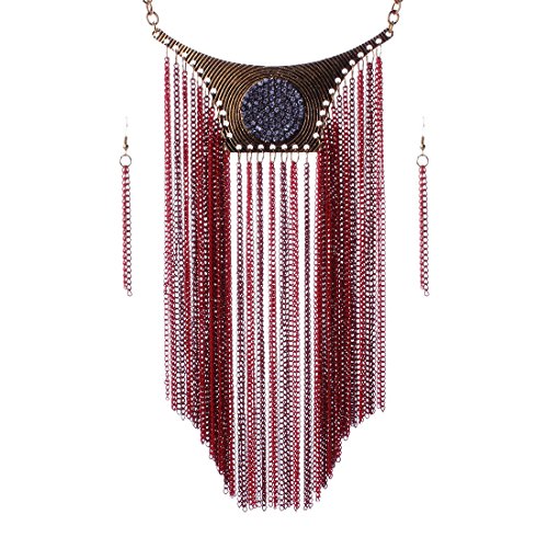 QIYUN.Z Funky Long Tassel Chain Bling Rhinestone Tribal Jewelry Necklace Earrings Set