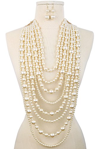 Audrey Multi-Strand Simulated Pearl Statement Necklace and Earrings Set