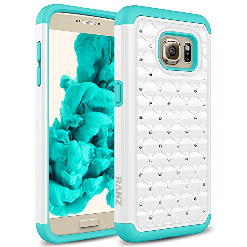 Galaxy S7 Case, RANZ® Turquoise/ White Spot Diamond Studded Bling Crystal Rhinestone Dual Layer Hybrid Cover Silicone Rubber Skin Hard Case For Samsung Galaxy S7