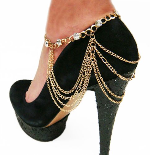 2 Pieces of Goldtone Adjustable Heel Chain with Stones and Hanging Links