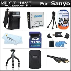 32GB Accessory Kit For Sanyo VPC-CS1 High Definition Camcorder Includes 32GB High Speed SD Memory Card + Extended (900Mah) Replacement Sanyo DB-L80 Battery + AC/DC Travel Charger + Hard Case + Flexible Tripod + Mini HDMI Cable + USB SD Reader + More