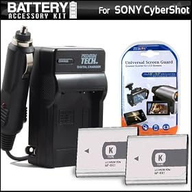 2 Pack of Replacement Batteries For Sony NP-BK1 BK-1 980MAH + 1 Hour Charger For Sony CyberShot DSC-W370 DSC-S650 DSC-S750 DSC-S780 DSC-S950 DSC-S980 DSC-W180 DSC-W190 Sony bloggie MHS-PM5 + Free Pack Of LCD Screen Protectors