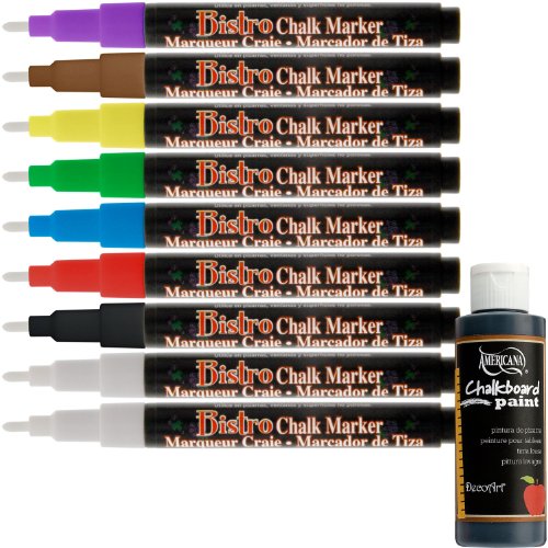 Uchida Bistro Chalk Marker Fine Point Primary Colors 9 Piece Kit with FREE 2oz Black Chalkboard Paint