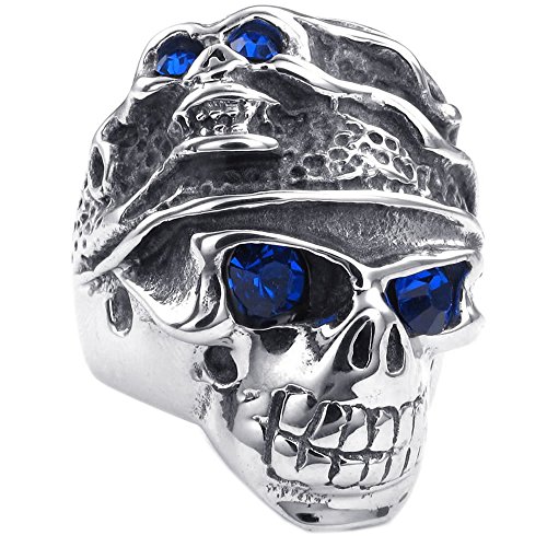 KONOV Mens Stainless Steel Ring, Gothic Tribal Skull Band, Blue Silver