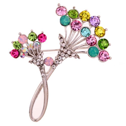 Yazilind Beautiful Silver Plated Double Flower Carve Full Colorful Shining Crystal Brooches and Pins