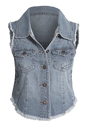 Women's Sleeveless Frayed Button Up Cropped High Low Denim Jean Jacket Vest