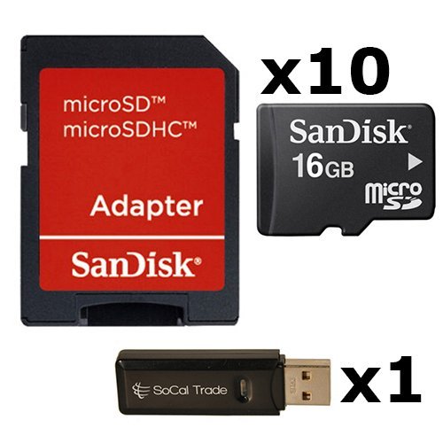 10 PACK - SanDisk 16GB MicroSD HC Memory Card SDSDQAB-016G (Bulk Packaging) LOT OF 10 with SD Adapter and SoCal Trade USB 2.0 MicoSD & SD Memory Card Reader