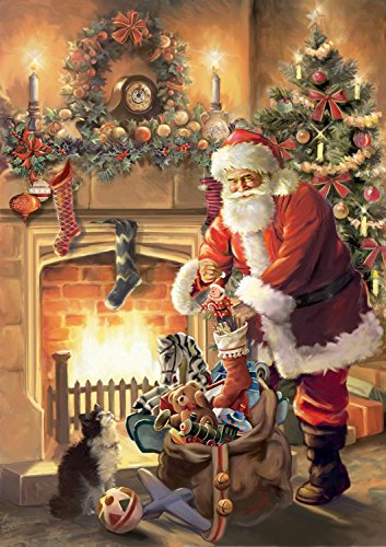 Santa by Fireplace Garden Flag Christmas Tree Stockings Santa Claus 12.5