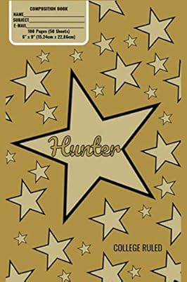 Hunter Monogram Composition Book, Gold Stars Pattern Matte Cover, College Ruled Pages: 6x9 Inches, 100 Pages, Personalized and Perfect for Class, Work, Journaling, Recipes, Notes