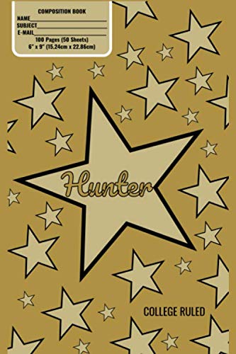 Hunter Monogram Composition Book, Gold Stars Pattern Matte Cover, College Ruled Pages: 6x9 Inches, 100 Pages, Personalized and Perfect for Class, Work, Journaling, Recipes, Notes by Noggin Box Books