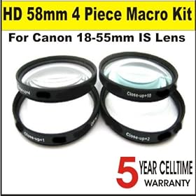 High Definition 58mm 4 Piece Close Up Macro Kit for Canon 18-55mm IS Lens + 3 Year Celltime Warranty