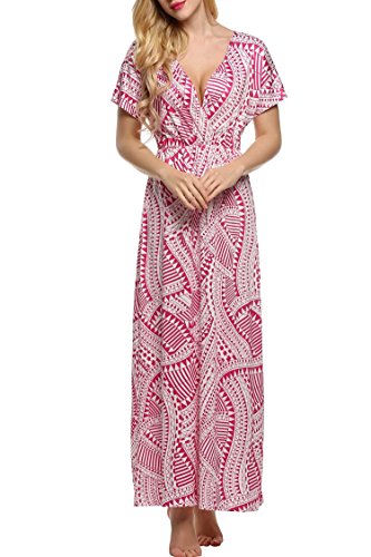 ACEVOG Women Short Sleeve Boho Floral Stripe Long Beach Summer Dress Maxi Dress