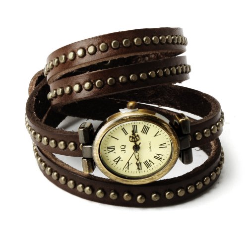 YesurpriseWeave Fashion Rivet Weave Wrap Around Leather Retro Bracelet Woman Wrist Watch Gift Brown