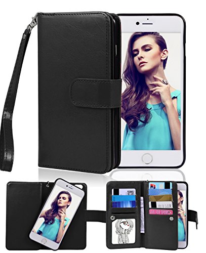 iPhone 6 Plus Case, Crosspace® Flip Wallet Case Premium PU Leather 2-in-1 Protective Magnetic Shell with Credit Card Holder/Slots and Wrist Lanyard for Apple Iphone 6 Plus 5.5inch (Black)
