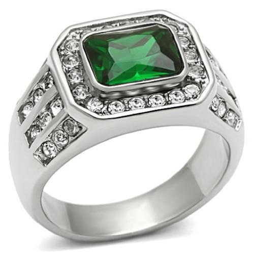 Men's 316L Silver Stainless Steel Green Synthetic Stone Polished Ring