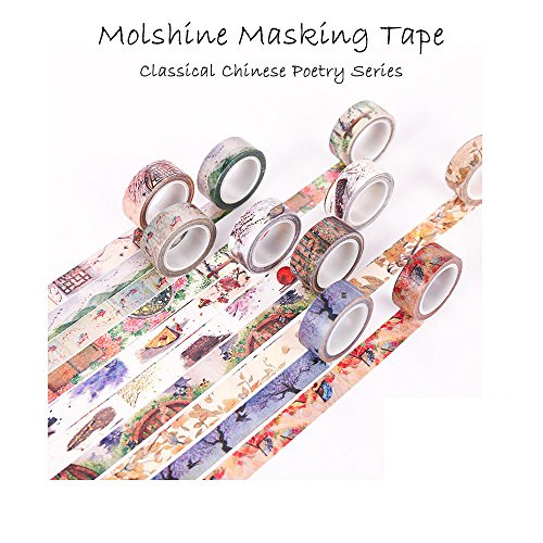 Molshine Set of 10 Decorative Japanese Washi Masking Adhesive Tape -Classical Chinese Poetry Series - Collection, (15mm x 8m, 0.59inch x 8.75 Yard) for DIY (CL014)