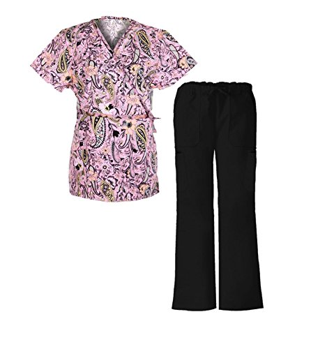 G Med Women's Printed Mock Wrap Top and Pant 2 PC Scrub Set