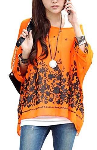 Uget Women's Loose Dolman Sleeve Tops Bohemian Chiffon Tunic Shirts US 0-10