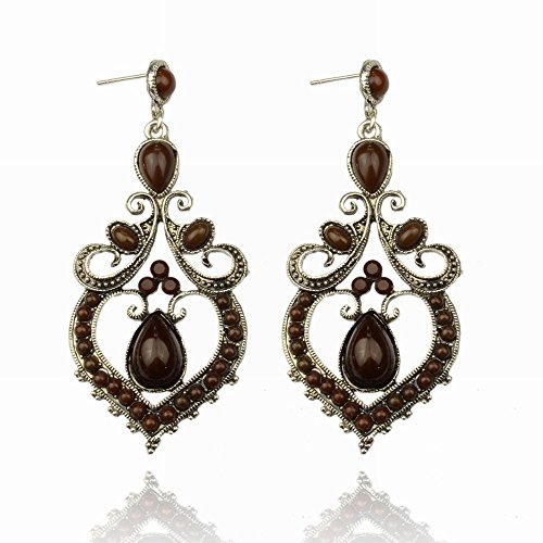 Tibet Silver Heart Teardrop Acrylic Beads Long Eardrop Stud Earrings