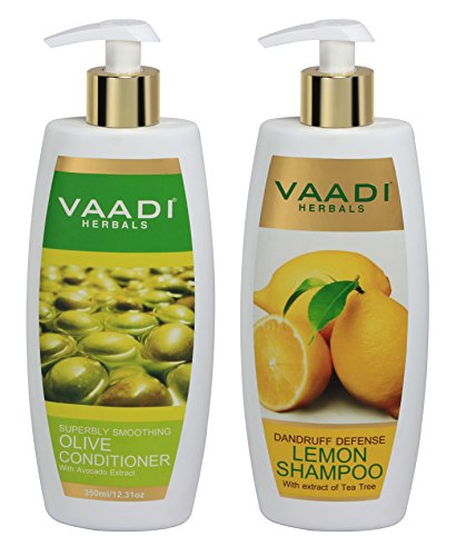 Lemon with Tea Tree Extract Shampoo and Olive Conditioner - ★ Dandruff Defense Shampoo - ★ ALL Natural - ★ Paraben Free - ★ Sulfate Free - ★ Scalp Therapy - ★ Moisture Therapy - ★ Suitable for All Hair Types - Each Pack of 350ml - Each 11.8 Oz - Vaadi Herbals