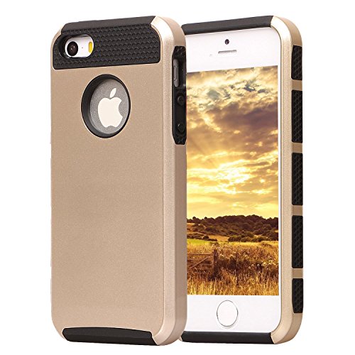 iPhone 5 Case, iPhone 5s Case - Pigeon 2 in 1 Shield Hybrid High Impact Dual Layer Shockproof Armor Defender Cases Protective Cover Combo Silicon / PC Soft Hard for Apple iPhone 5s (Gold-Black)